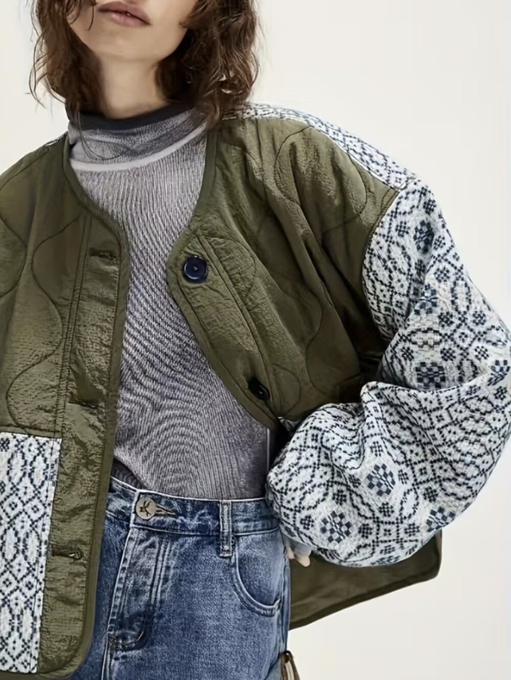New Printed Patchwork Button Lightweight Jacket Women'S